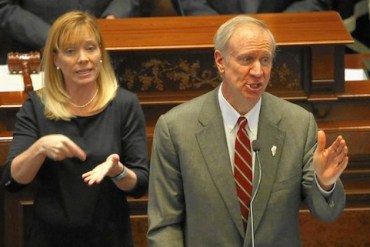 Gov. Bruce Rauner delivers an address on his budget proposal at the Capitol in Springfield on Feb. 18, 2015. (Photo by Abel Uribe, Chicago Tribune)