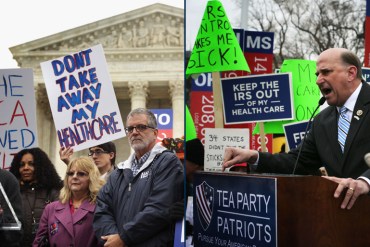 L: Supporters of the Affordable Care Act gather in front of the U.S Supreme Court during a rally March 4, 2015 in Washington, D.C. R: U.S. Rep. Louie Gohmert (R-TX) speaks during a Tea Party Patriots rally against the Affordable Care Act the same day. (Photos by Alex Wong/Getty Images)