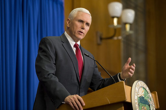 Indiana Gov. Mike Pence speaks during a press conference March 31, 2015 at the Indiana State Library in Indianapolis, Indiana.  (Photo by Aaron P. Bernstein/Getty Images)