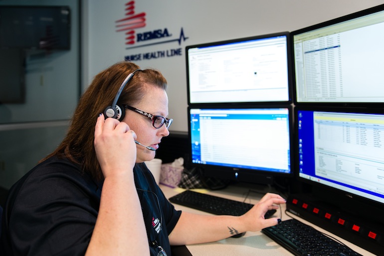 he Nurse Health Line, located in the 911 medical communications center, features a non-emergency phone number broadly marketed to the public. To date, the program has fielded more than 16,000 calls (Photo by Heidi de Marco/KHN).