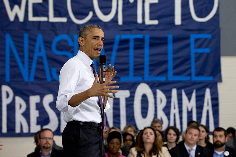 President Barack Obama speaks at Taylor Stratton Elementary School, in Nashville, Tenn, July 1, 2015, about the Affordable Care Act. The president said he wants to refocus on improving health care quality, expanding access and rooting out waste now that the Supreme Court has upheld a key element of his health care law. (AP Photo/Carolyn Kaster)