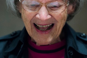 Jean Altimont, 89, laughs during the "Laugh Cafe" monthly group meeting at Sibley Memorial Hospital on Thursday, May 7, 2015 in Washington, D.C.  Seniors are invited to attend the cafe for the admission price of one joke. (Photo by Amanda Voisard/For the Washington Post)