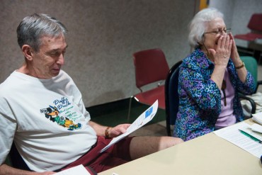 Joanne Philleo, 79, right, laughs as Brad Bickford, 67, left, tells a joke during the "Laugh Cafe" monthly group meeting at Sibley Memorial Hospital on Thursday, May 7, 2015 in Washington, D.C.  Seniors are invited to attend the cafe for the admission price of one joke. (Photo by Amanda Voisard/For the Washington Post)