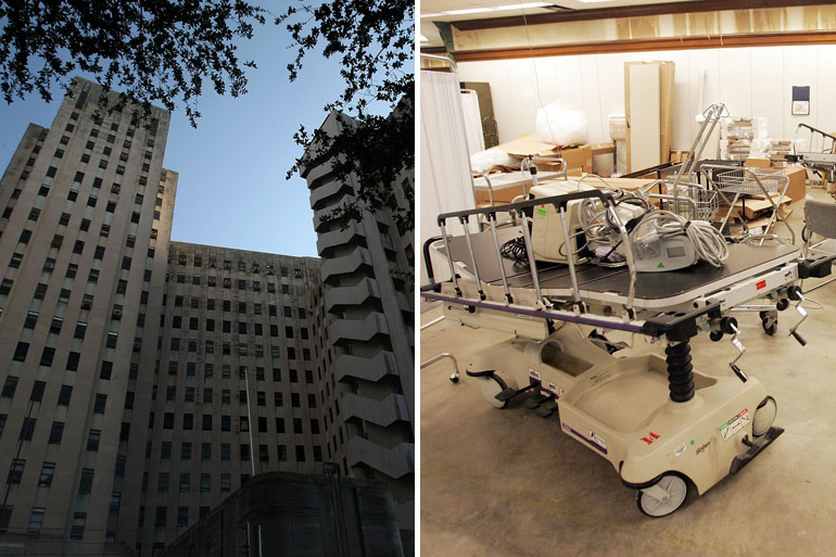 The old New Orleans Charity Hospital (L) and a makeshift emergency room (R) in the hospital in 2005 after Hurricane Katrina. Katrina forced the hospital to close in 2005. (Photos by Mario Tama/Getty Photos)
