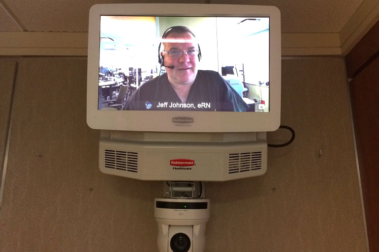 Mercy Virtual, based in St. Louis, will use video monitors like this to beam nurses into patients rooms in five states. (Photo by Alex Smith/KCUR)