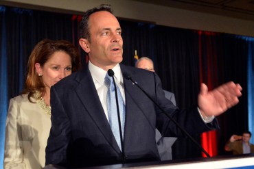 Kentucky Gov.-elect Matt Bevin gives his victory speech at the Republican Party victory celebration in November in Louisville, Ky. Experts say Bevin is likely planning to end the state's health insurance marketplace, Kynect. (Photo by Timothy D. Easley/AP)