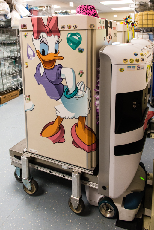 The UCSF Benioff Children’s Hospital in San Francisco, Calif., is experimenting with different types of skins on the tugs. (Heidi de Marco/KHN)