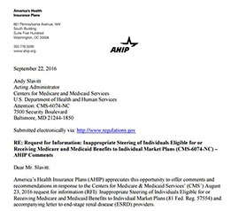 America’s Health Insurance Plans wants the Obama administration to prohibit all premium assistance programs that are funded directly or indirectly by hospitals and other providers.