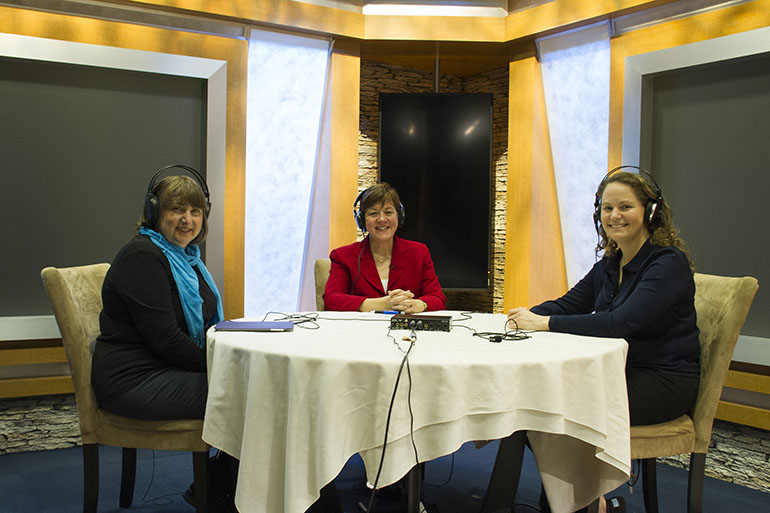 From left, KHN's Julie Rovner and Mary Agnes Carey joined Margot Sanger-Katz of The New York Times for a podcast in the KHN studio on Tuesday. (Francis Ying/KHN)