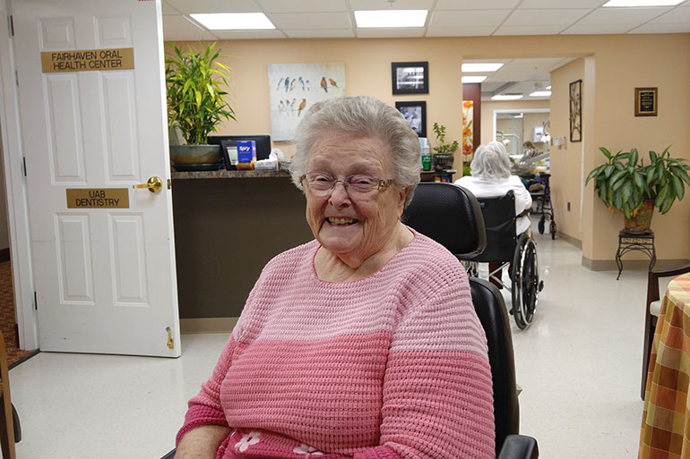 Peggy Batcheler, 87, a resident at the dental clinic inside Fair Haven, a large retirement community in Birmongham, Ala. (Phil Galewitz/KHN)