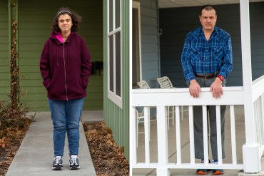 Side by side photos of Suzan Mubarak and Mitch Domier