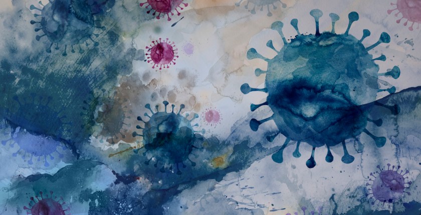 watercolor illustration of coronavirus cells