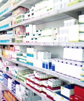 Shot of shelves stocked with various medicinal products in a pharmacy