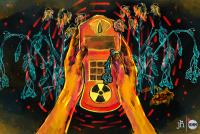 A digital illustration drawn in pencil and colored in a watercolor style. A pair of hands holding a radiation meter surrounded by wilted flowers are in the center of the image. They glow a mustard yellow color against an ominous black background.