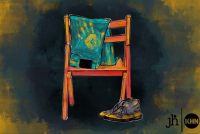 A digital illustration in a watercolor style shows old blue jeans hanging over a folding chair. There is a dusty yellow handprint on the back of the jeans, in the center of the image. At the base of the chair sits an old pair of boots, also covered in yellow dust, implying uranium exposure. The background is ominously dark, while the pants and boots stand out in contrast.