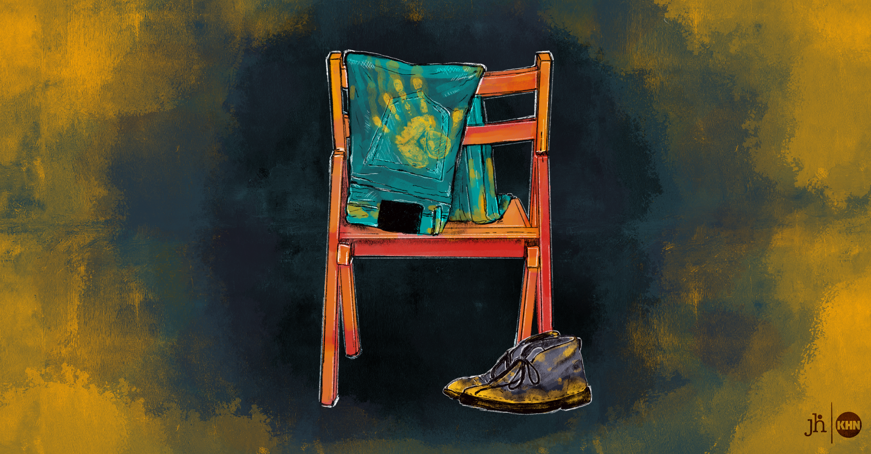 A digital illustration in a watercolor style shows old blue jeans hanging over a folding chair. There is a dusty yellow handprint on the back of the jeans, in the center of the image. At the base of the chair sits an old pair of boots, also covered in yellow dust, implying uranium exposure. The background is ominously dark, while the pants and boots stand out in contrast.