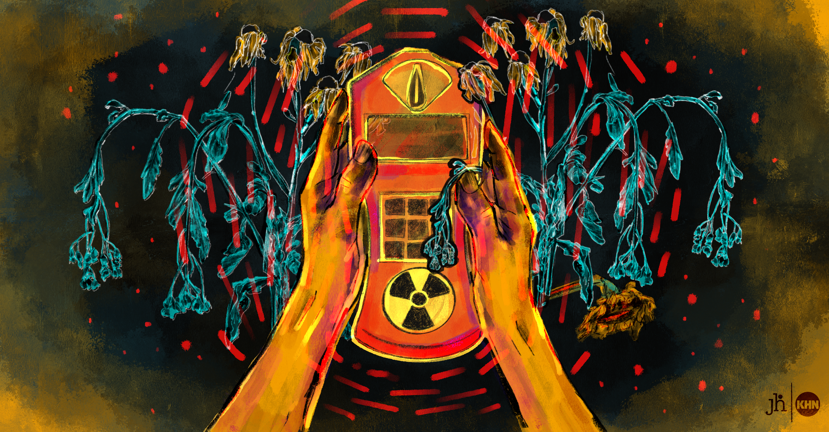 A digital illustration drawn in pencil and colored in a watercolor style. A pair of hands holding a radiation meter surrounded by wilted flowers are in the center of the image. They glow a mustard yellow color against an ominous black background.