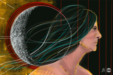 A digital illustration in watercolor and pencil. A white crescent moon overlaps with the right-facing profile of a Native American Woman. Thin, vertical red lines cover the right-hand side of the image, symbolic of bars in the legal system. On the left side of the image, a wash of gold highlights the moon, symbolic of hope.
