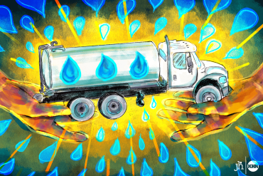 A digital illustration in watercolor and pencil. Two hands are seen holding a right-facing water tank truck. Bright blue water drops radiate outward from it. A golden yellow fades to black in the background, symbolic of the hope the water truck brings.