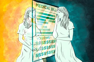 A digital illustration in ink and watercolor. A worried woman looks through a mirror-like medical bill at her alternate self, who is happily pregnant. The background around the pregnant woman is a warm, radiating gold, while the background around the worried woman is a dark, cool blue.