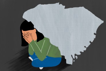 A digital illustration of a child bent over and covering their face beside the shape of South Carolina.