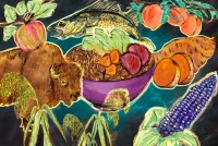 A digital illustration in pencil and watercolor. A bowl of rice, meat, and vegetables is surrounded by drawings of Indigenous food sources, such as a walleye fish, bison, crabapples, southwest peaches, blue corn, sweet potatoes, and wild rice.