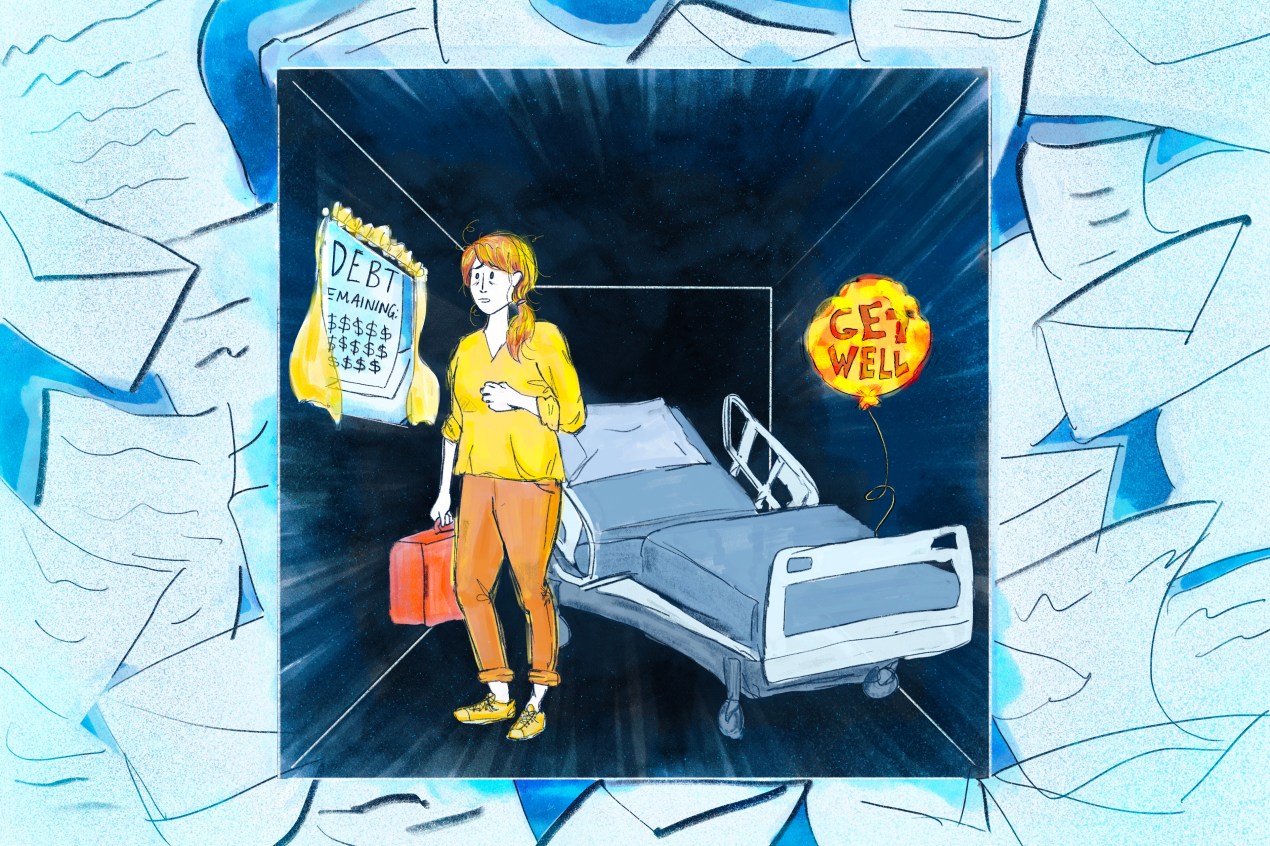 A digital illustration in pencil and watercolor. In the center of the image, there is a square. Within that square is a hospital room. A concerned woman wearing yellows stands beside a hospital bed, holding a briefcase. There is a partially-deflated balloon in the corner that reads “Get Well!” Outside the room, it is raining medical bills and debt collection notices.