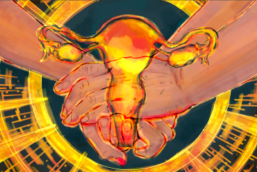 A digital illustration in pencil and watercolor. In the center of the image, there are two hands holding each other in a comforting position. There is a uterus overlayed on top of the hands; it is semi-transparent and painted in pink, orange, and gold colors. The background is a deep teal with a golden circle with radiating lines surrounding the hands and uterus.