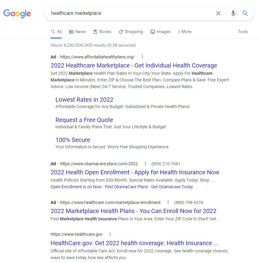 A screenshot of a Google search for "healthcare marketplace" shows three advertisement links before a listing for healthcare.gov, the federal government's health insurance marketplace.