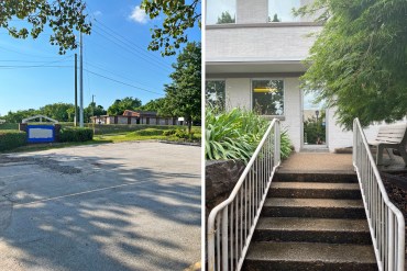 Two images are shown side by side. The left shows an empty lot and a sign with white paint over it. The right image shows a staircase leading up to a clinic.