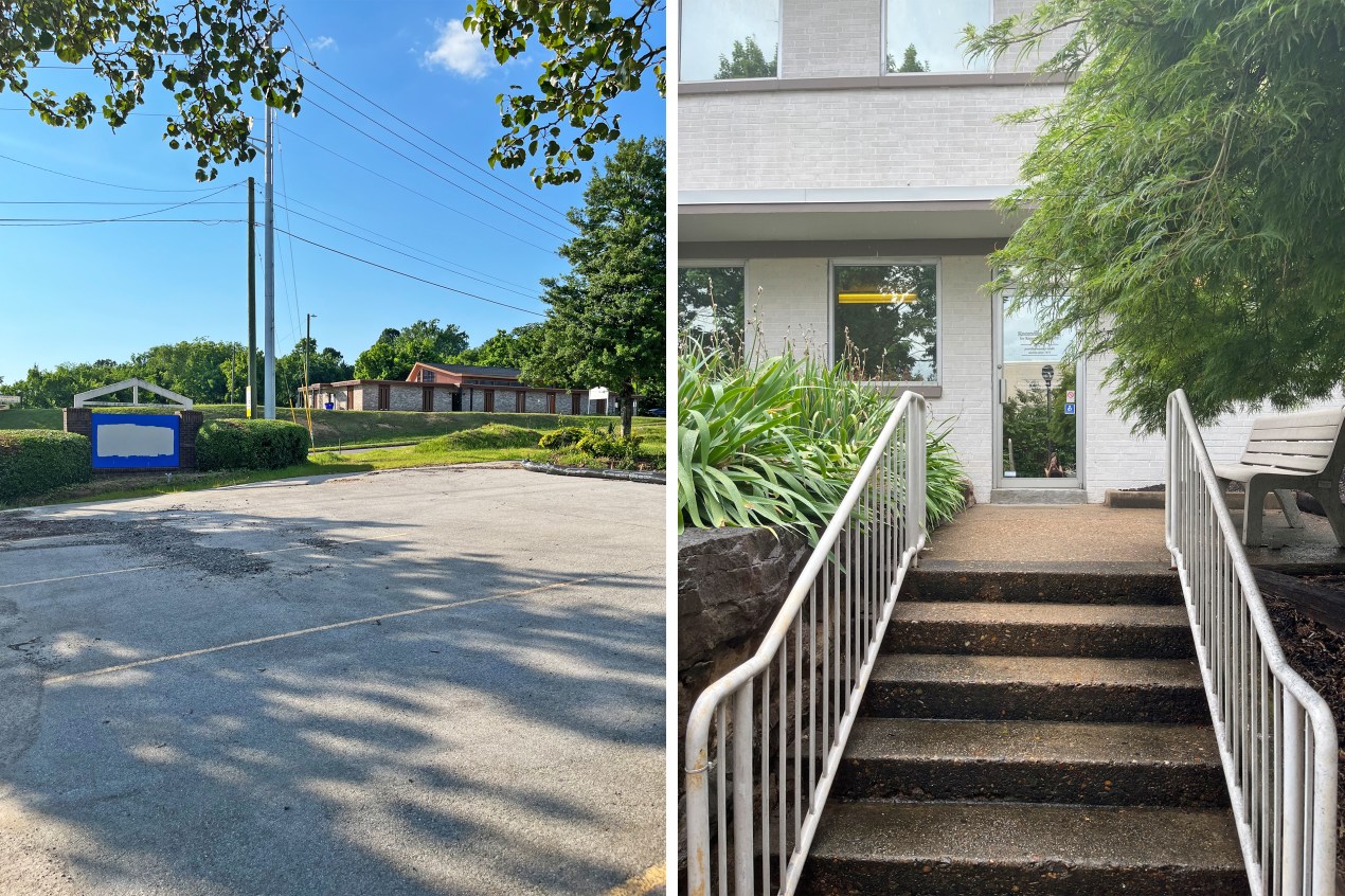 Two images are shown side by side. The left shows an empty lot and a sign with white paint over it. The right image shows a staircase leading up to a clinic.