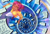 A digital illustration in pencil and watercolor. A woman with pink, curly hair climbs up a spiral staircase. She is trying to avoid medical bills that fall from above like heavy snowfall. The staircase is colored various shades of vibrant blues and darken s at the center to appear bottomless. The image looks to be a dreamscape or nightmare of medical debt.