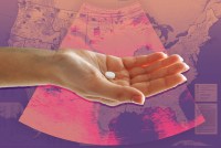 An illustration shows a woman’s hand holding a white abortion pill over a map of tribal lands in the U.S. The shape of an ultrasound is overlaid on the map.