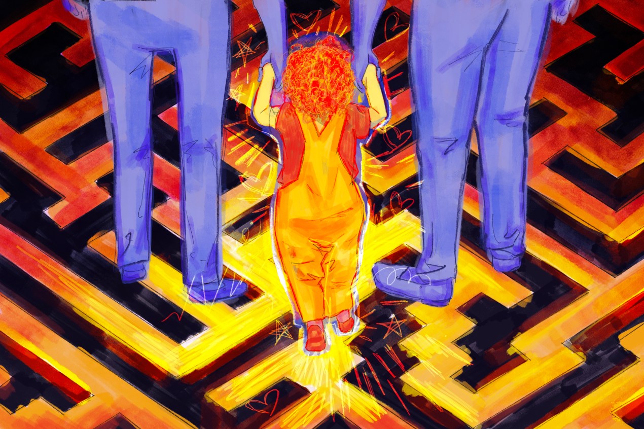 A digital illustration in pencil and watercolor. Two parents, painted in a pale purple, are visible from the waist down and face away from the viewer. Their toddler stands between them, and they each hold one of the child’s hands. The trio are walking away from the viewer, into an unclear setting. They stand on a luminous maze that radiates out from the child’s feet.