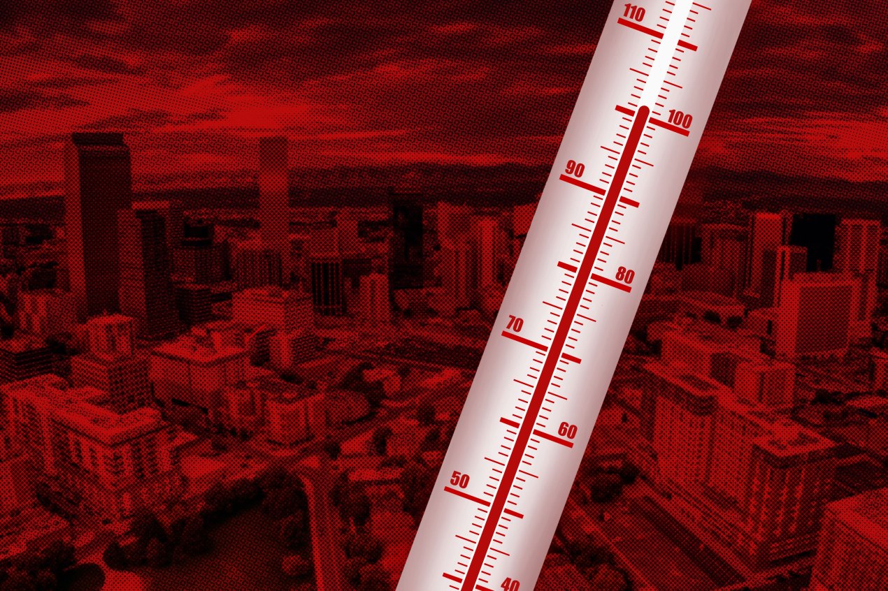 A digital illustration of a thermometer showing about 101 degrees with an image of Denver with a red tone behind it.