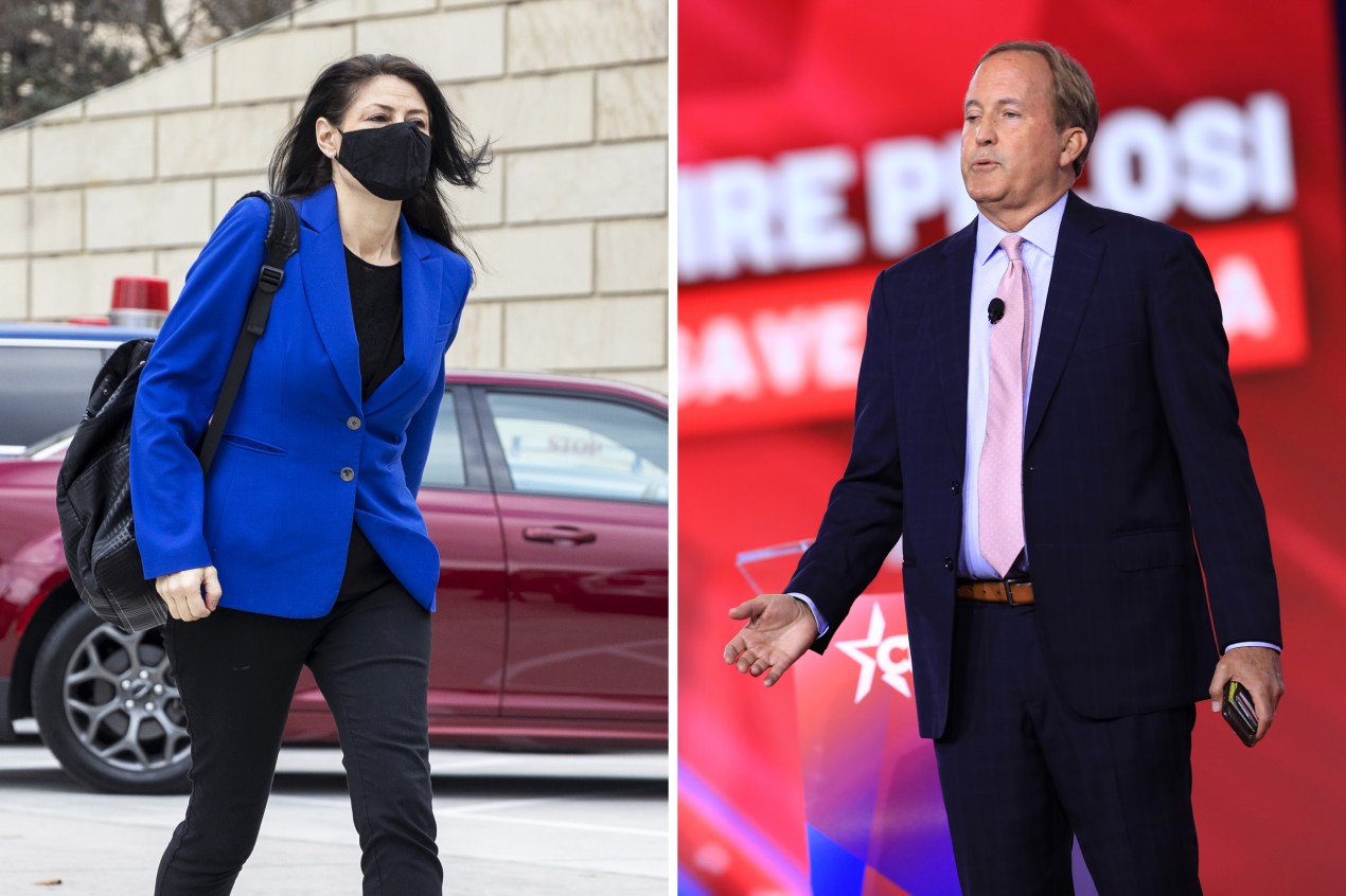 Two photos are shown side by side. The left photo is of Dana Nessel, Michigan's attorney general. The right is of Ken Paxton, the attorney general of Texas.