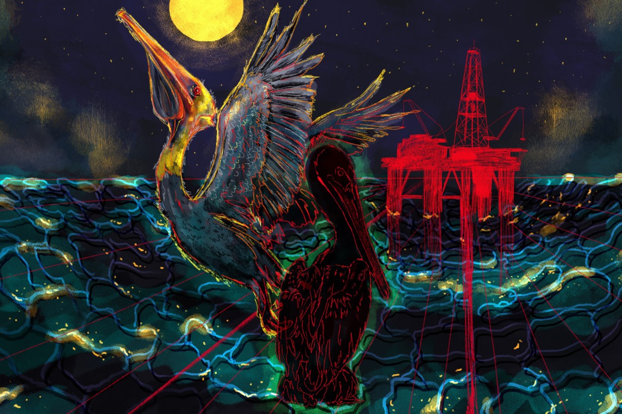 A digital illustration in watercolor and pencil. It is a nighttime scene. The artwork shows an off-shore oil rig, drawn in bright red pencil, out at sea. The water is dark black with hints of reflection from a full moon overhead. In the center of the image there are two Louisiana brown pelicans. One is taking flight, highlighted by the gold light of the moon. The other bird, which has its wings tightly closed, appears somewhat ghostly, drawn in red pencil over a black silhouette.