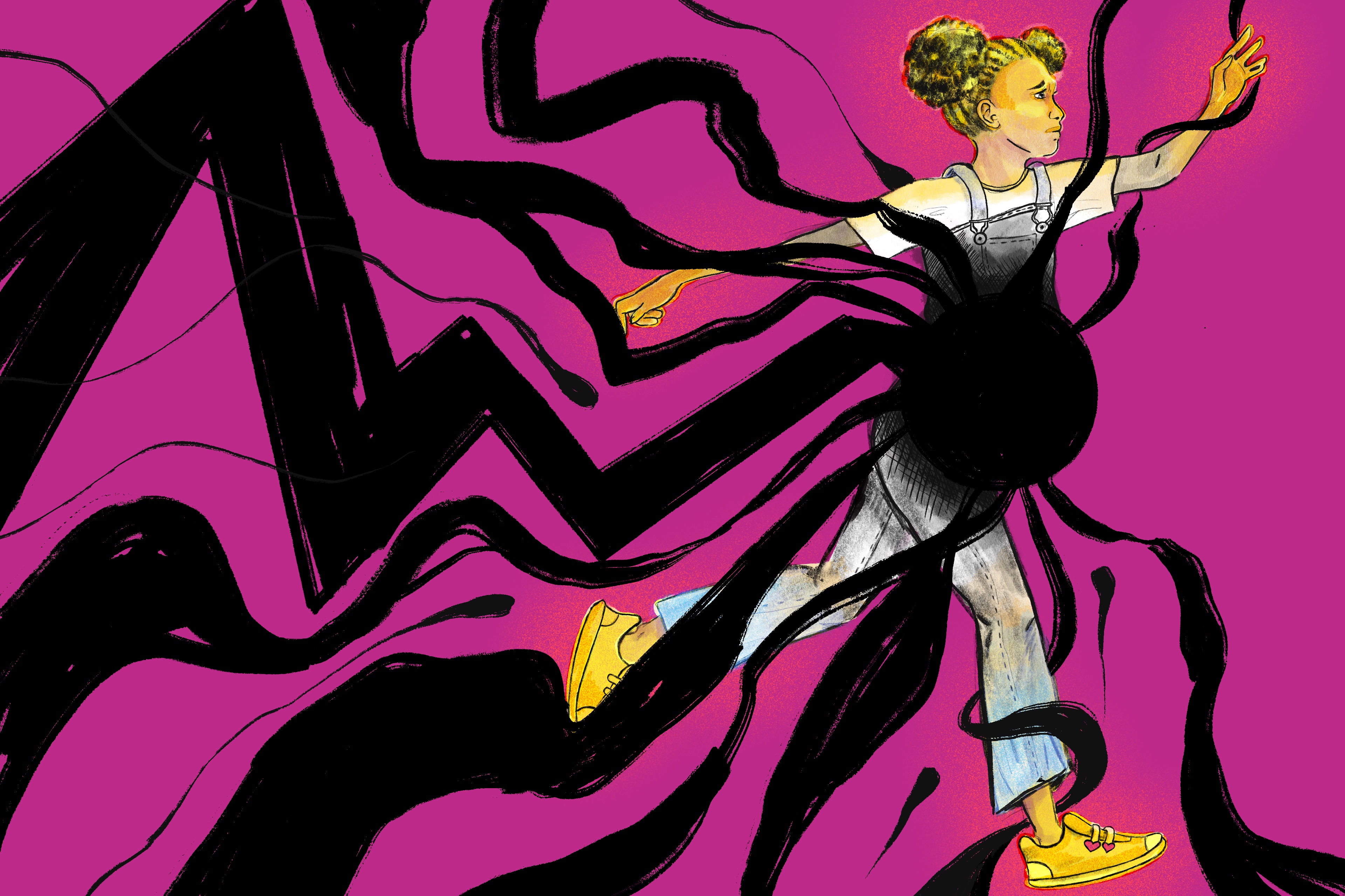 A digital illustration depicting a teen girl running fear fully. She is drawn in black-and-white pencil against a solid magenta-pink background. Black ink lines chase and swirl around her, and come to concentrate as a circle over her stomach, depicting a pregnancy. The theme is an inescapable situation and loss of child/personhood.
