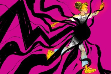 A digital illustration depicting a teen girl running fear fully. She is drawn in black-and-white pencil against a solid magenta-pink background. Black ink lines chase and swirl around her, and come to concentrate as a circle over her stomach, depicting a pregnancy. The theme is an inescapable situation and loss of child/personhood.