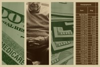 A photo illustration shows four images separated by bars. The first image is of money and a Medicare card, the second is an older man sitting in a chair, the third is a closeup of money, the fourth is of a spreadsheet of overpayments totalling over $8 million.