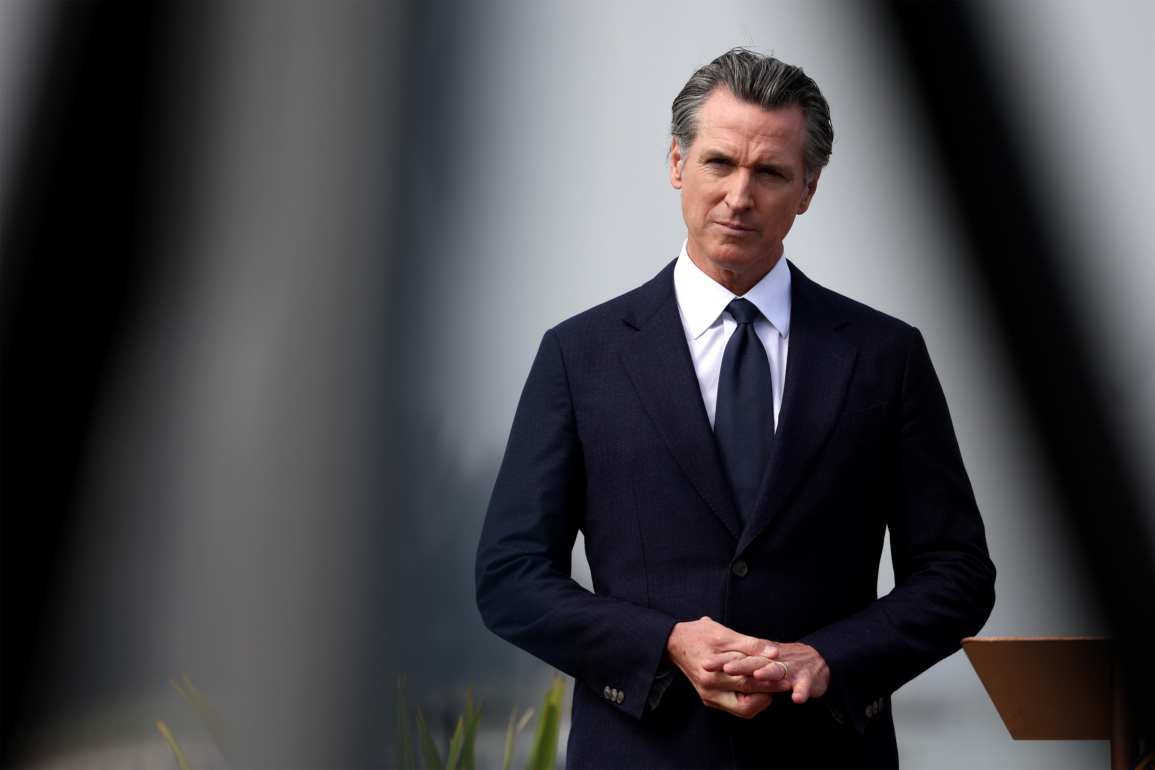A photo shows Gov. Gavin Newsom standing outside during a press conference.