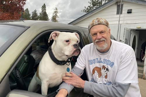 A man stands next to a car where a dog leans out the window.