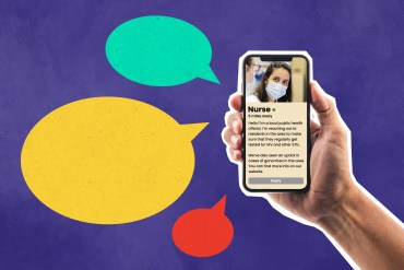 An illustration shows someone holding a phone with a public health nurse’s profile on a dating app. Her profile bio has a message about STI testing. Beside the phone are colored speech bubbles.