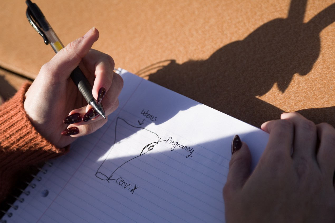 The photograph shows Lauren Overman's notebook, which she holds as she draws a simple diagram of the female reproductive system. The drawing has clearly labeled where a fertilized egg is located in the uterus and the location of the cervix.