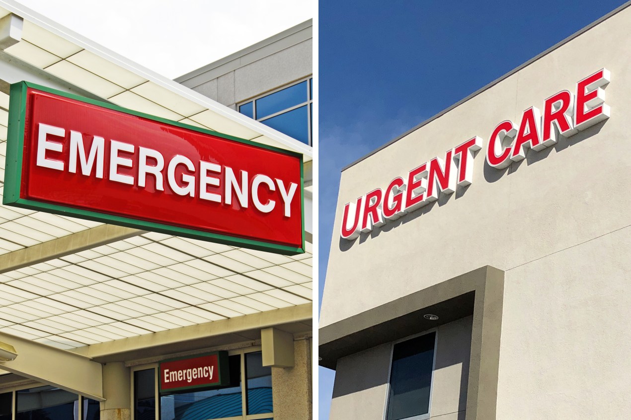 A photo shows two photos side-by-side. The left photo is of a hospital emergency room sign. The right is of an urgent care clinic sign.