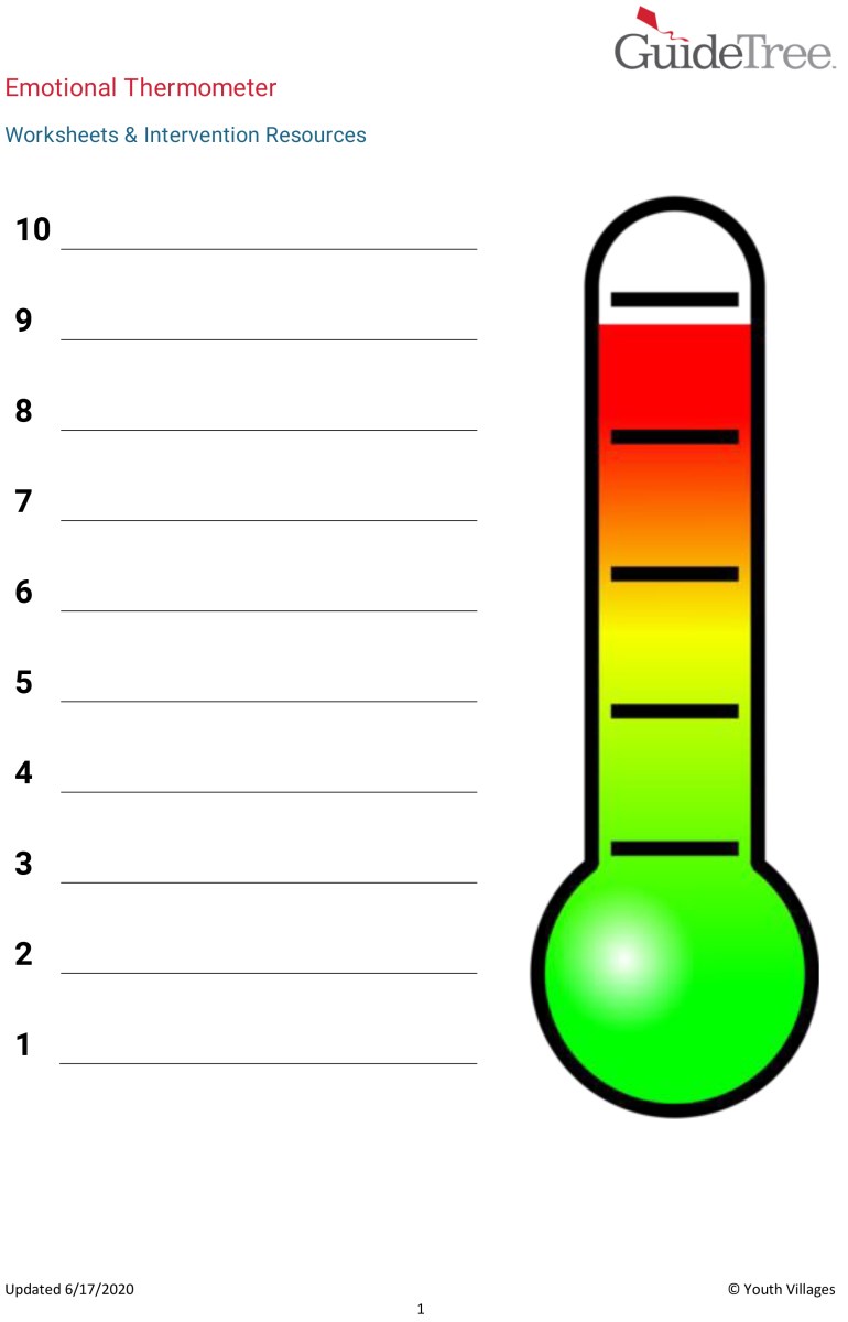 One of the worksheets used by Youth Villages counselors when working with patients. It shows an image of a thermometer on the right, which is green at the bottom and gradually turns to yellow, orange, and red at the very top. There are blank spaces, numbered 10-1, beside it for the patient to write notes.