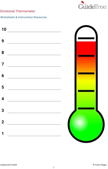 One of the worksheets used by Youth Villages counselors when working with patients. It shows an image of a thermometer on the right, which is green at the bottom and gradually turns to yellow, orange, and red at the very top. There are blank spaces, numbered 10-1, beside it for the patient to write notes.