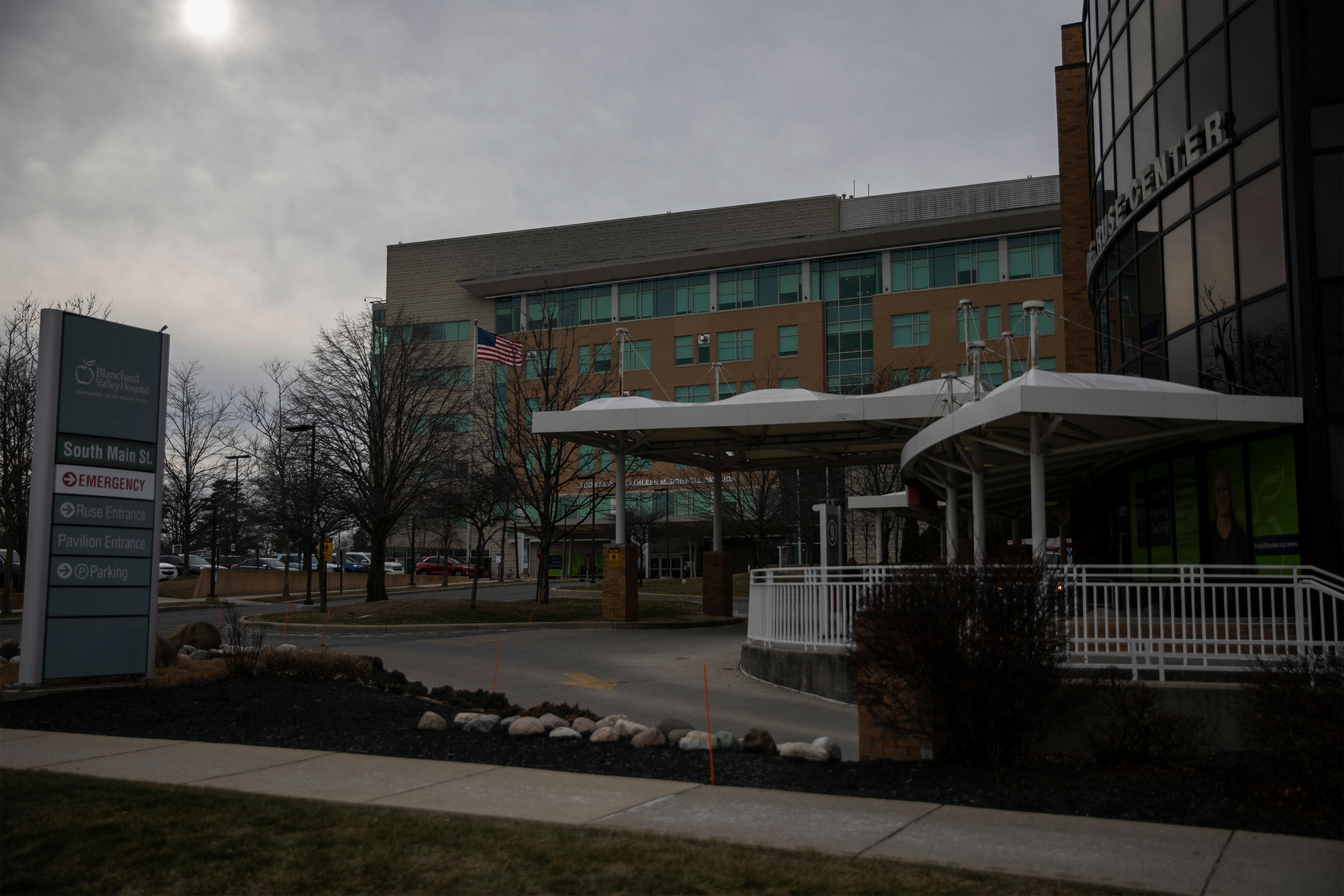 An exterior shot of the Blanchard Valley Hospital in Findlay, Ohio, on an overcastFebruary day.