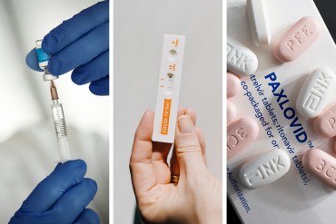 Three photos are shown side-by-side. From left to right are a photo of a covid vaccine; a photo of a covid rapid test; a photo of Paxlovid.