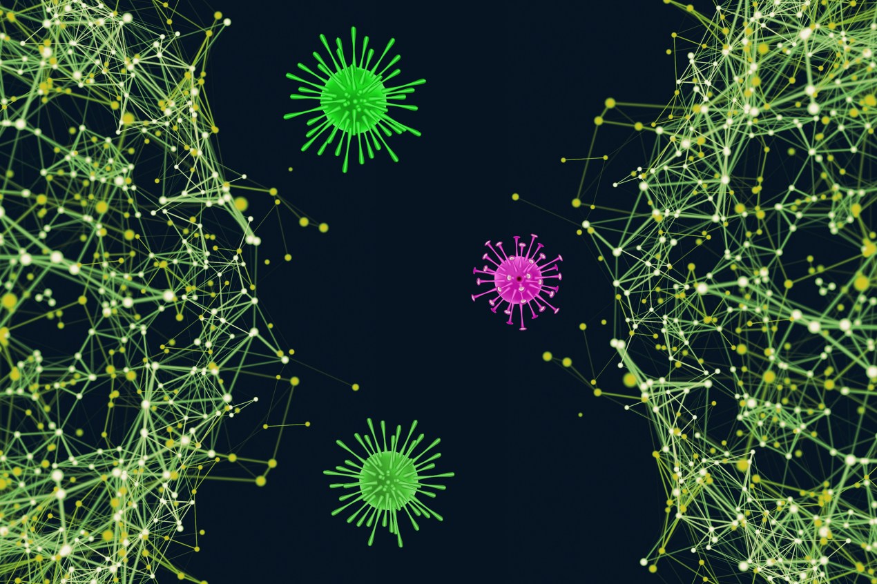 An illustration shows two diagrams of green dots connected by lines, suggesting connected data networks. Floating between those networks are 3D models of viruses.